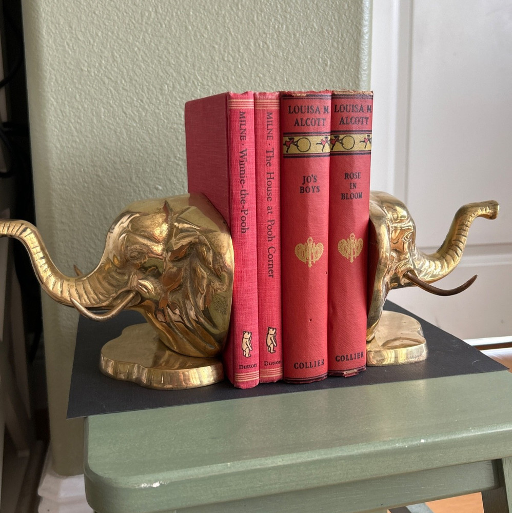 Bookends Vintage Solid Brass Elephant Trunks Up "Good Luck" MCM pair *