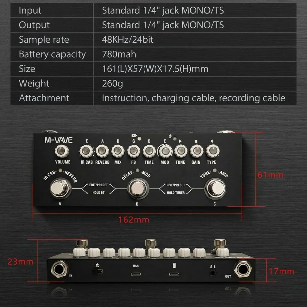 Multi Effects Guitar Pedal Portable Electric Guitar Processor with 9 AMP Models,