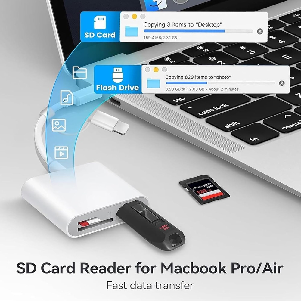 SD Card Reader for iPhone iPad, Built-in Lightning USB-C Dual ivory white