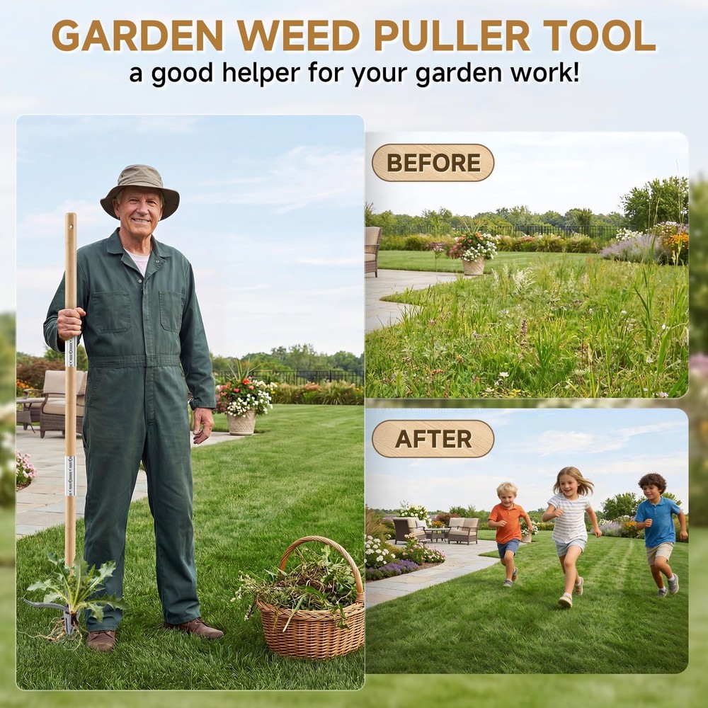 Heavy Duty Stand Up Weed Puller Tool - 46" Long Handle & 4-Claw Steel Head, E...