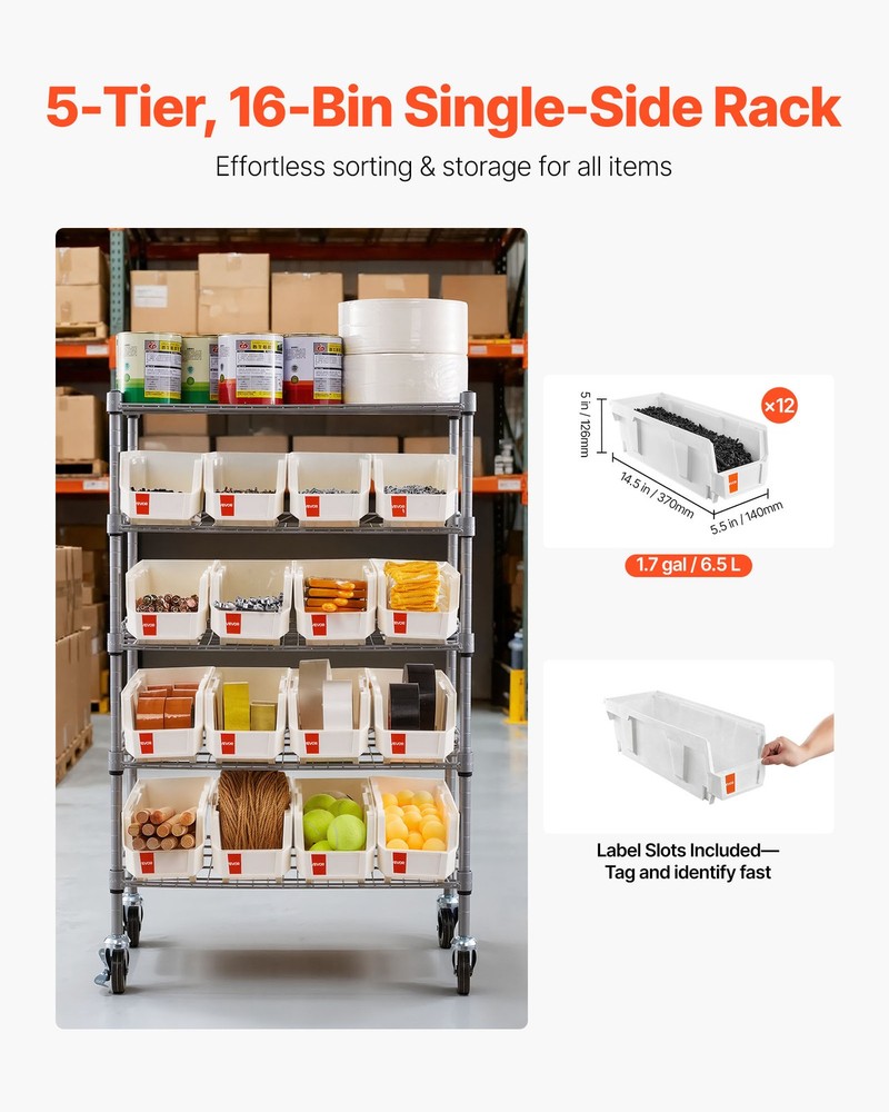 VEVOR Rolling Bin Storage Rack 5-Tier Bin Rack Storage System with 16 Bins