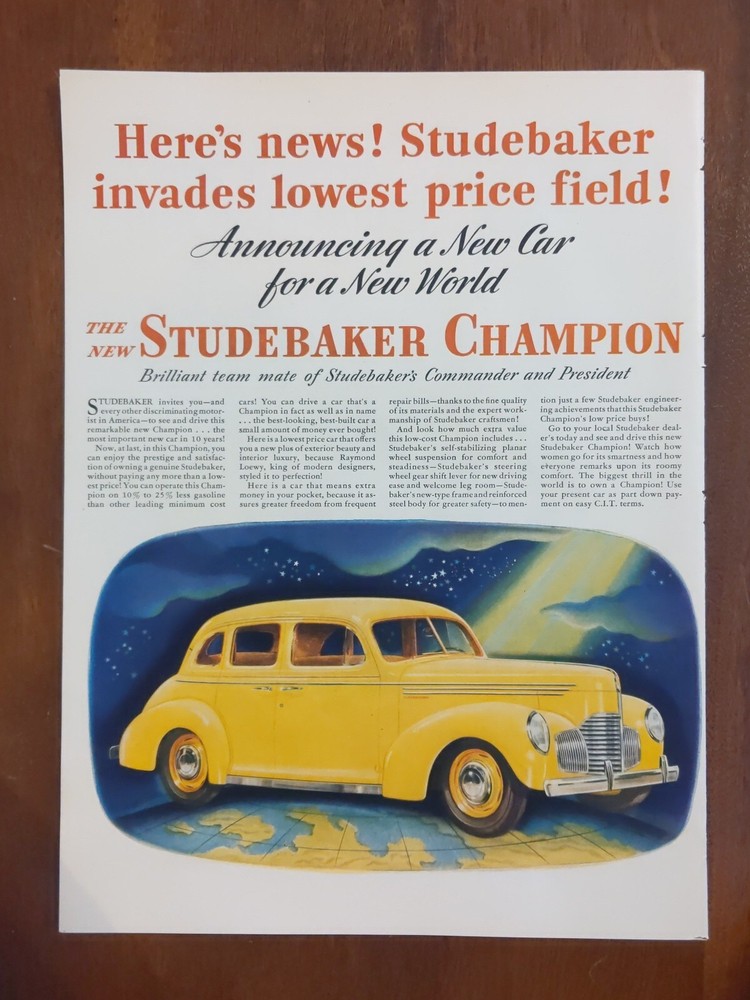 1939 vintage Yellow Studebaker Champion print ad