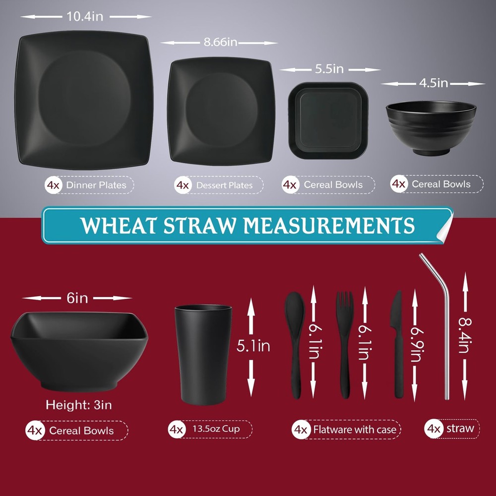 Teivio 40-piece Plastic Wheat Straw Square Dinnerware Set Square, Matte Black