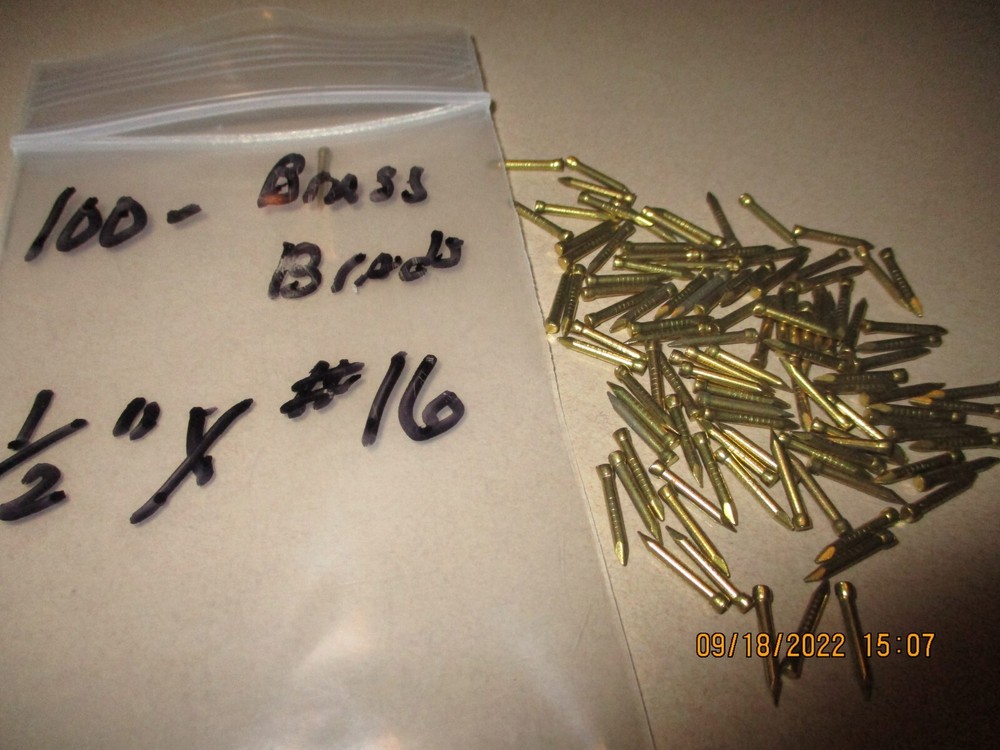100 - VINTAGE 1/2" X #16, SOLID BRASS BRAD NAILS, BRADS