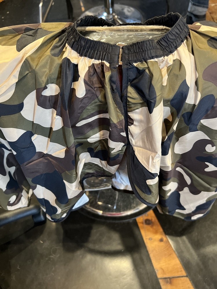 JOHNNY B BARBER CAMOUFLAGE CUTTING CAPE LIGHTWEIGHT, ELASTIC HOOK CLOSURE, LONG