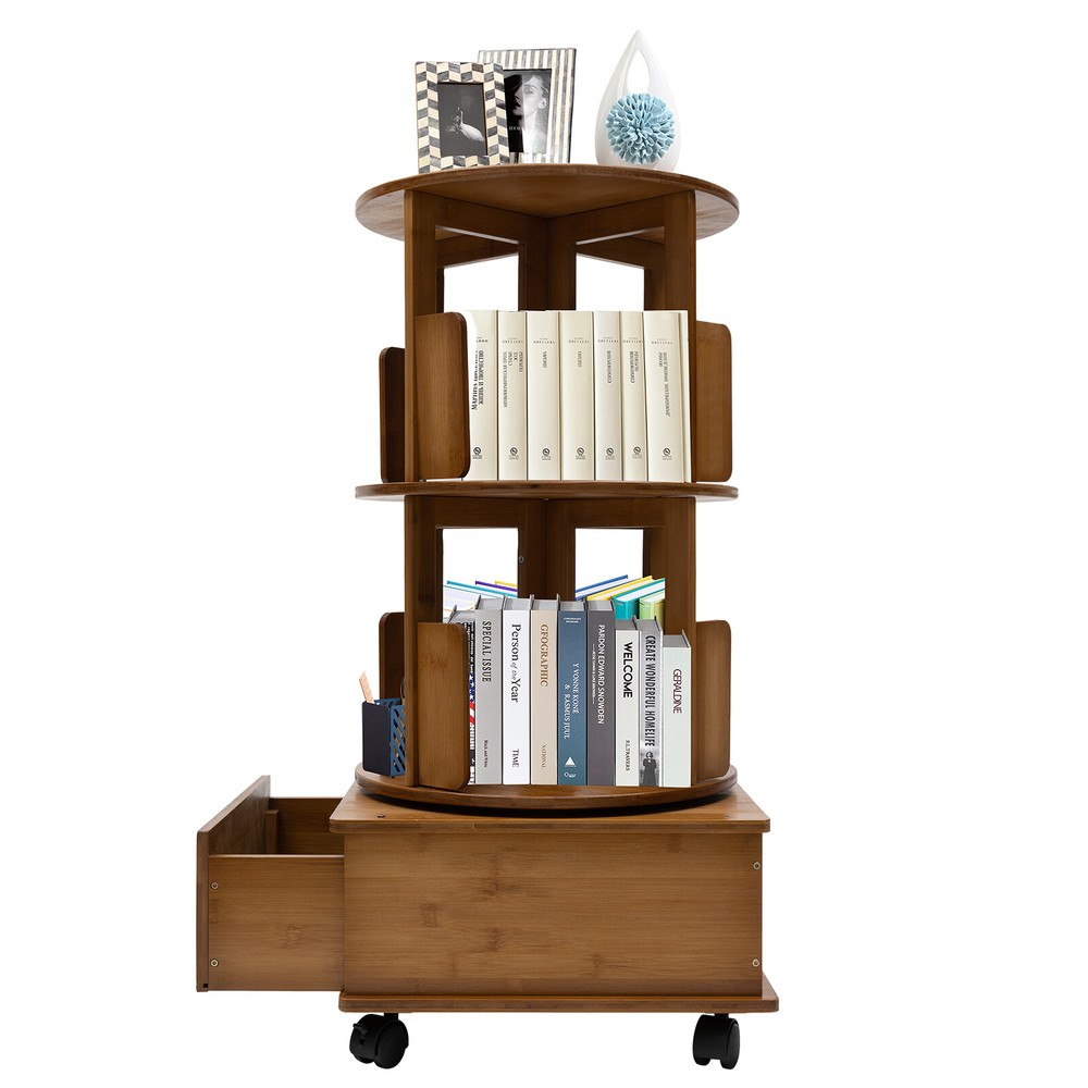 Rotating Bookshelf Swivel Storage Table Bookcase Side Table with Rolling Wheels