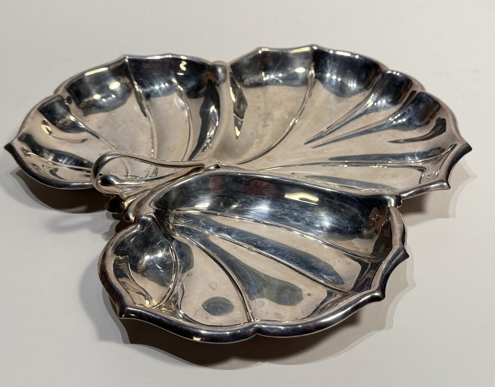 Vintage Silverplate 3-Section Leaf Tray with Handle, 10"