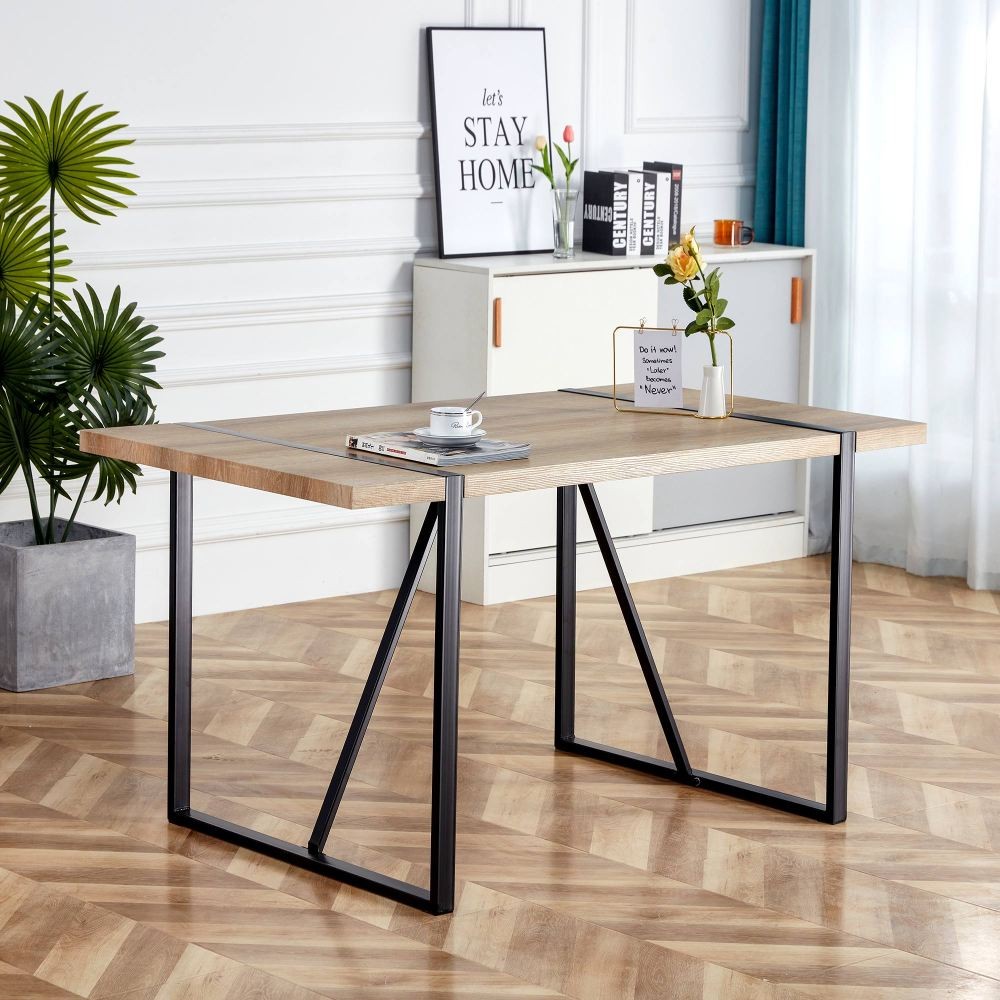 Rectangular dining table with a 1.5-inch thick wooden tabletop and metal legs