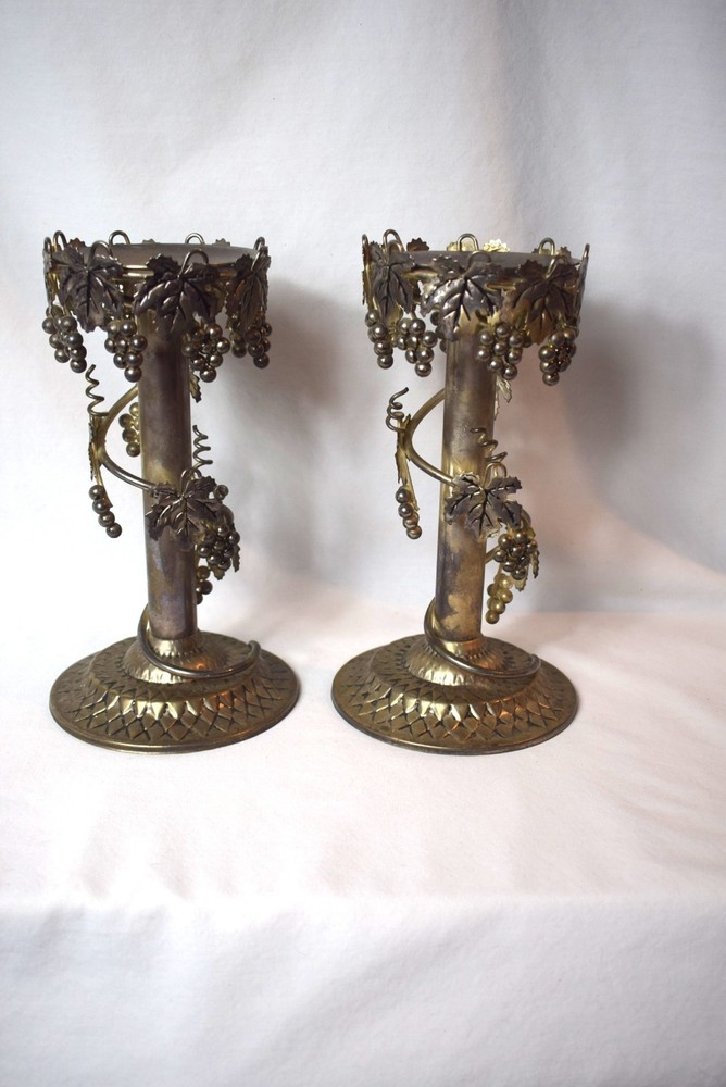 Vintage Pair Studio Silversmith Silver Plated Grape Vine Leaves Candlesticks