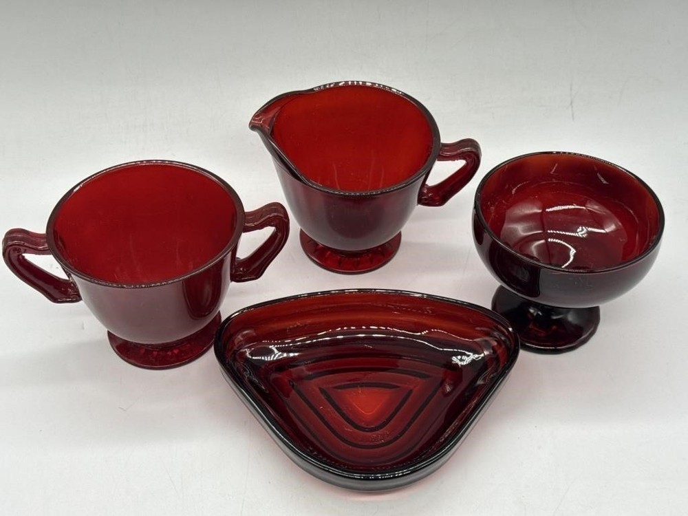 Vintage Anchor Hocking Ruby Red Glass Set Starburst Base Scroll