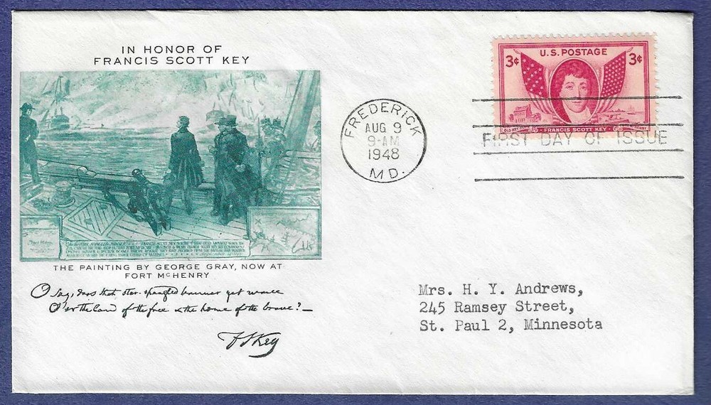 1948 FDC Francis Scott Key issue #962 Fulton cachet addressed