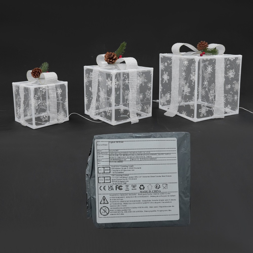Set Of 3 Lighted Gift Boxes, 50 White Lights Present Box Lighted Display Decor
