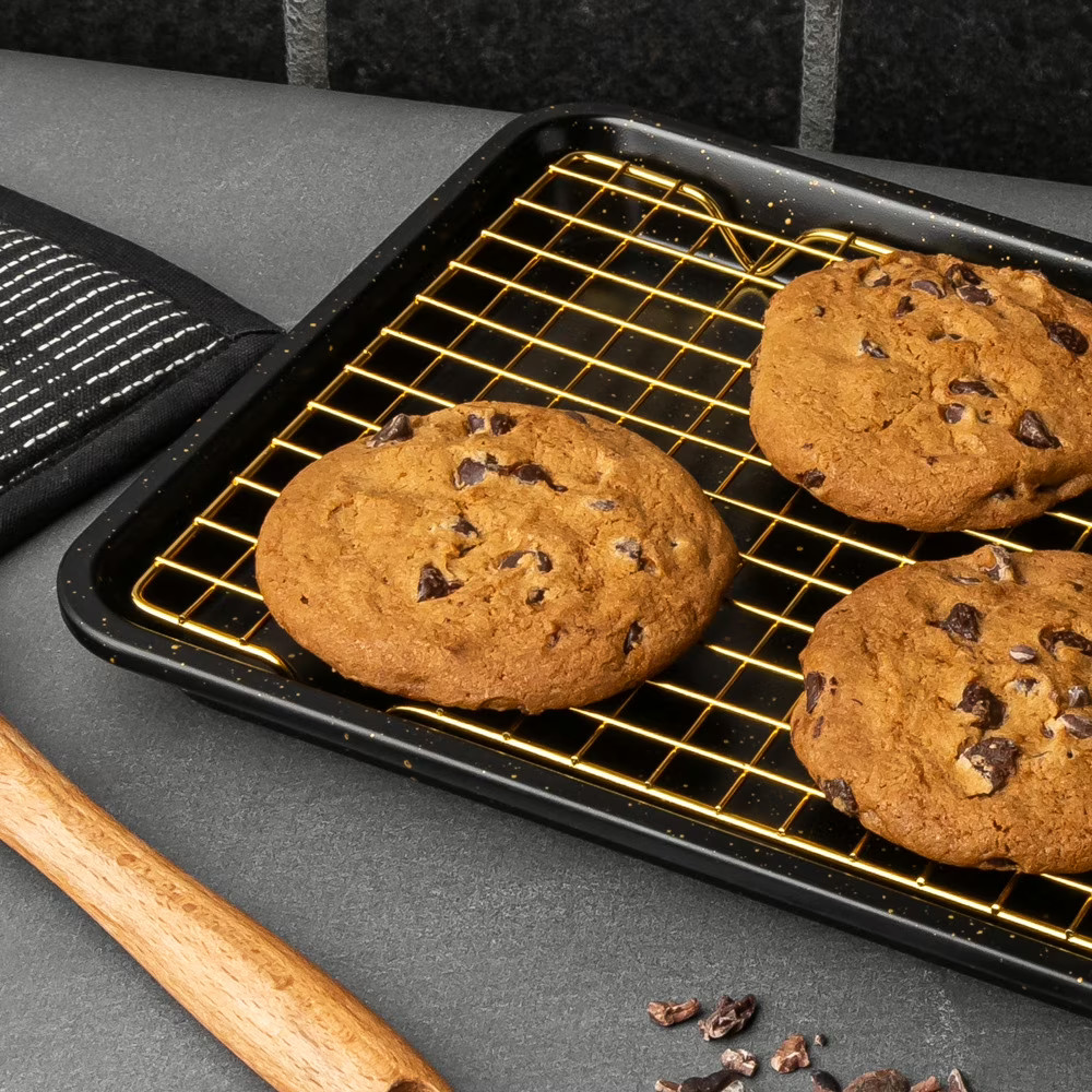 Thyme & Table Non-Stick Rectangle Baking Sheet with Gold Cooling Rack - Black