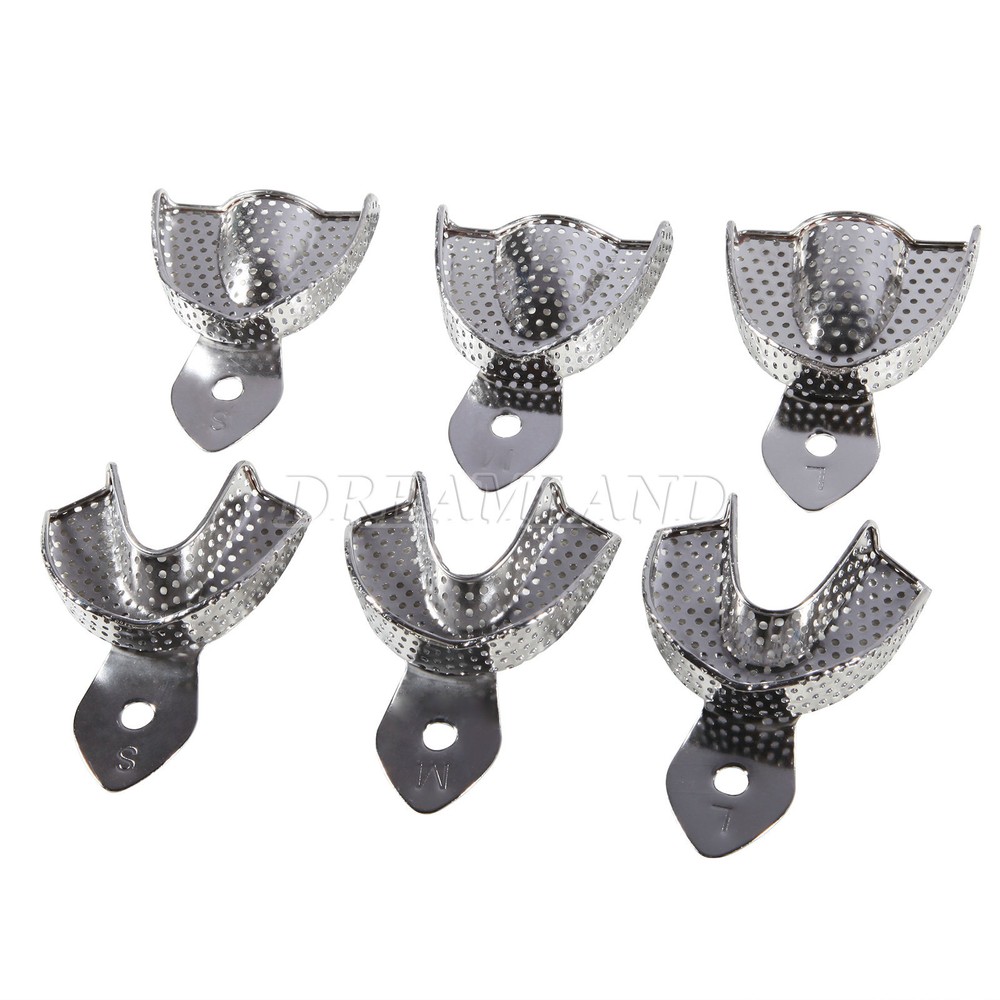 6 Metal Dental Impression Trays set Perforated Upper + Lower Denture Instruments