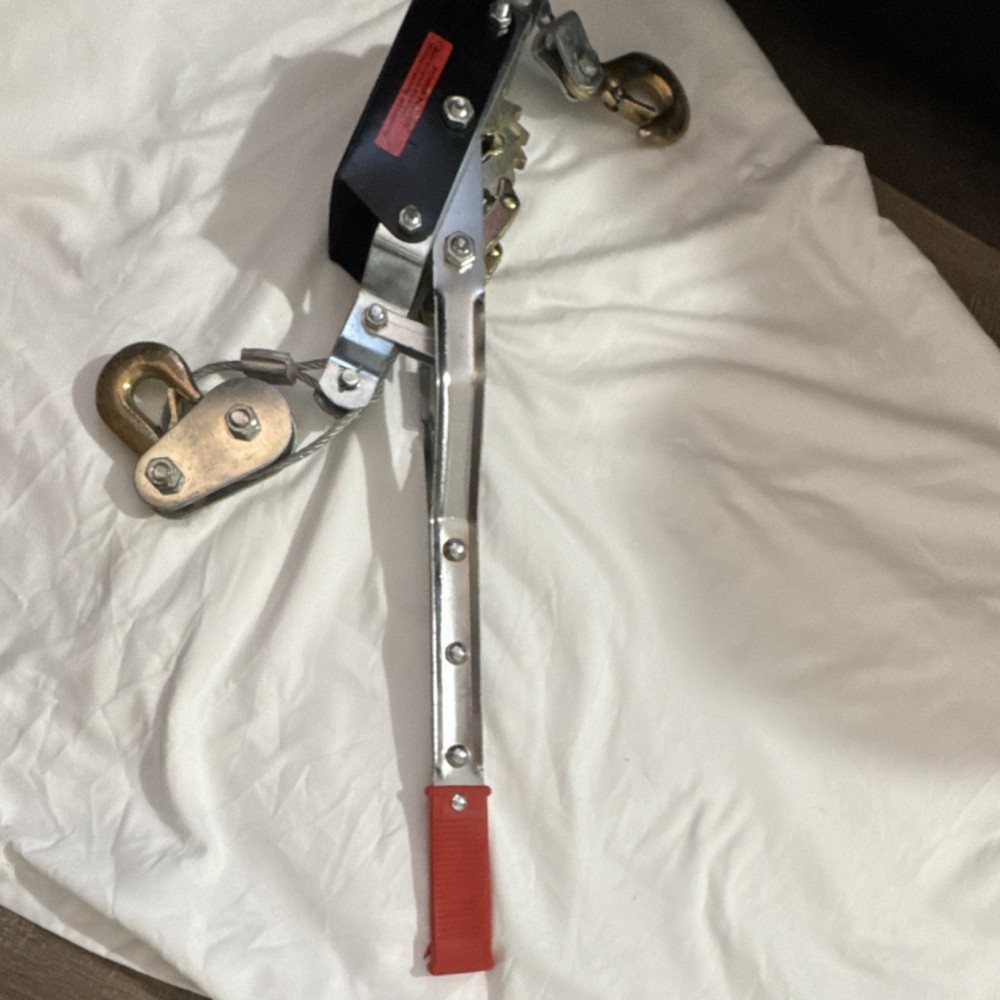 Industrial Hand Winch Cable Puller with Red Handle and Dual Hooks