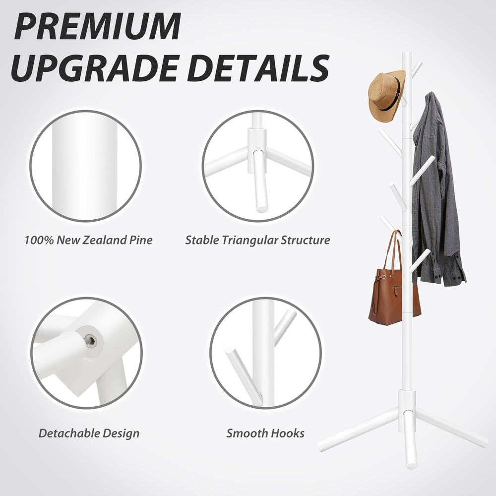 Durable Wooden Coat Rack Freestanding with Stable Triangular Base 8 Hooks &