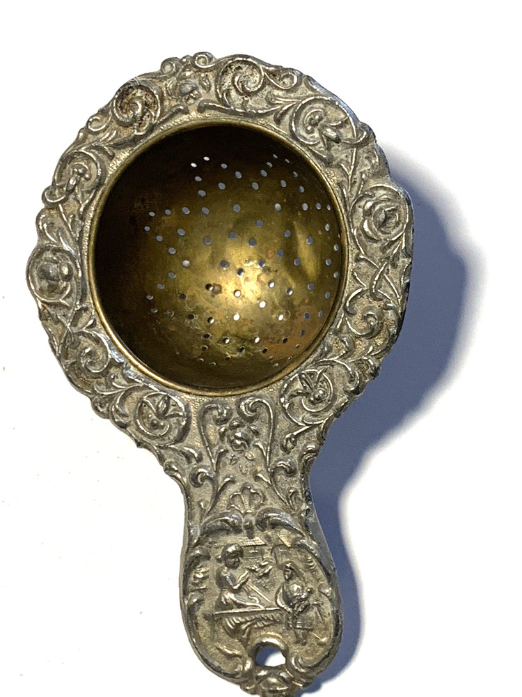 Antique German Figural Tea Strainer Silverplate “Germany” Ornate Handle
