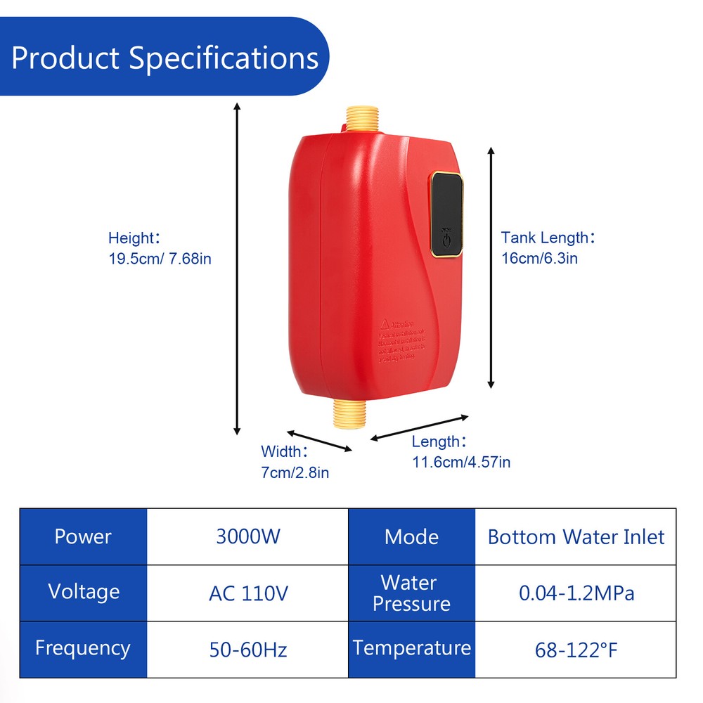 Small Electric Tankless Instant Hot Water Heater For Kitchen 3000W