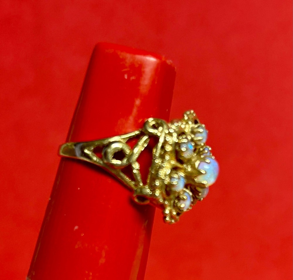 Vintage 14K Solid Yellow Gold Seven Stone Opal Flower Cluster Ring - Size 4