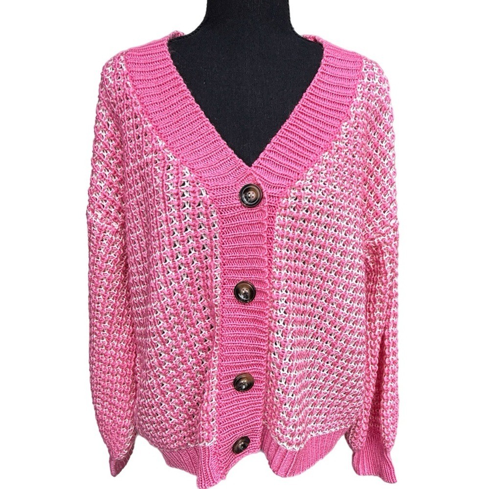 Pink Waffle Knit V-neck Button Up Sweater