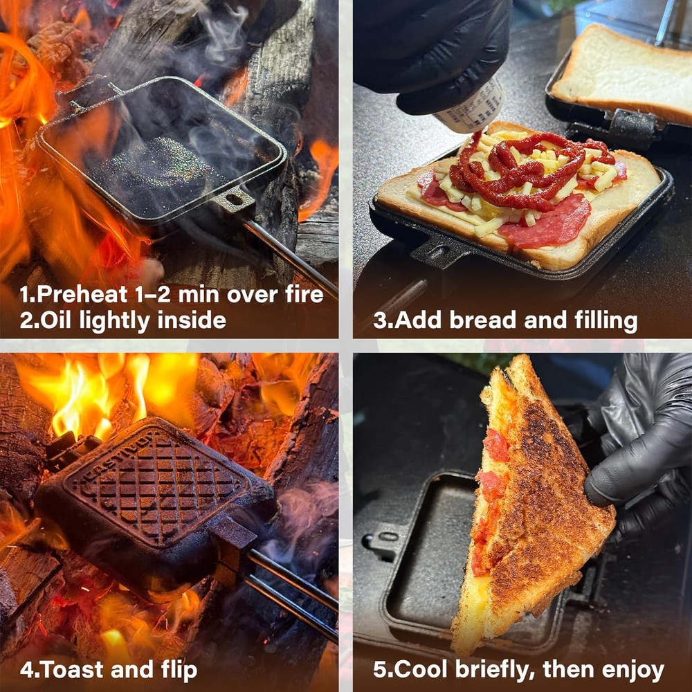 Mountain Pie Maker Cast Iron – Campfire Pie Iron, Hobo Pie Maker for Camping, 2-