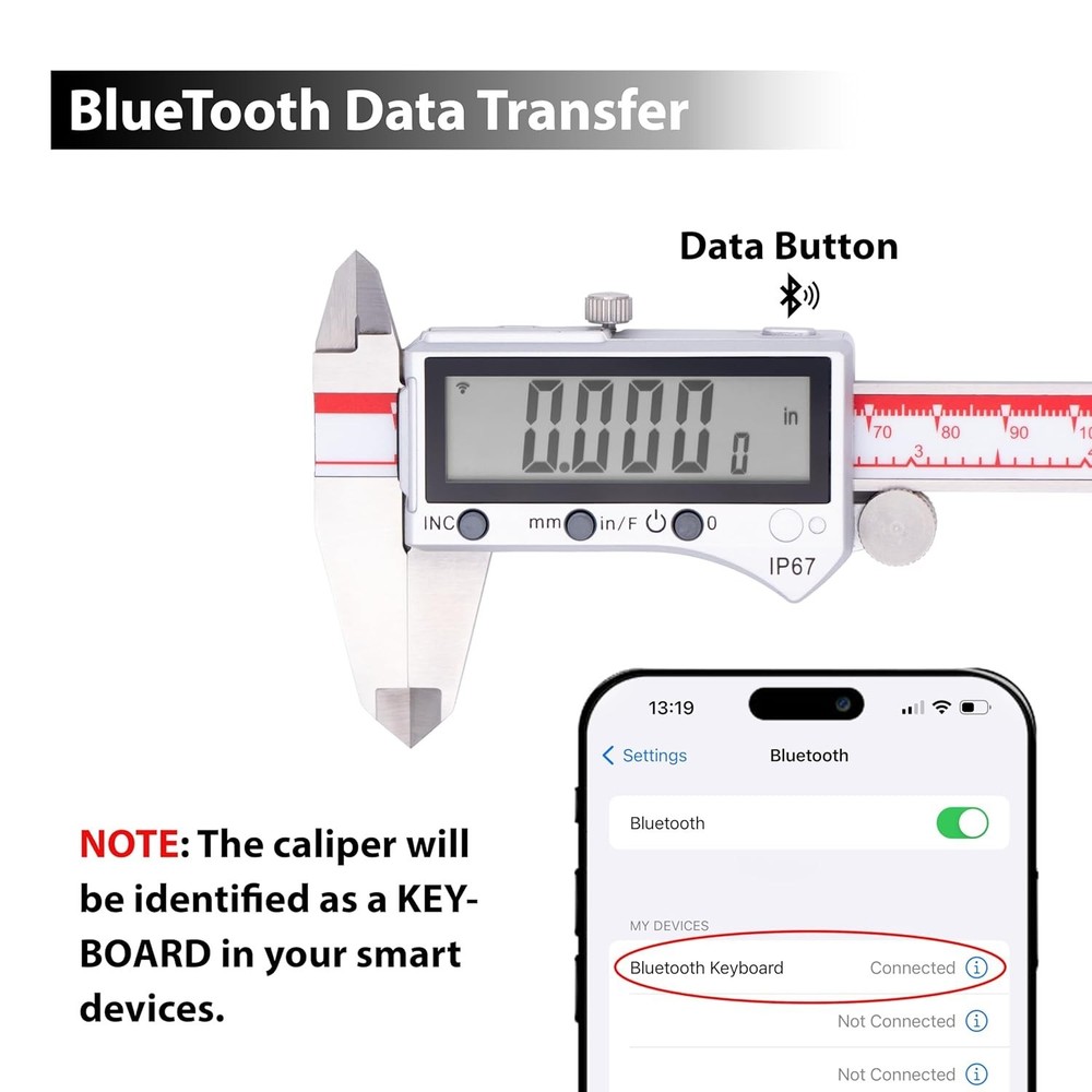 Precision Bluetooth Caliper, Inch/Metric/Fraction Conversion