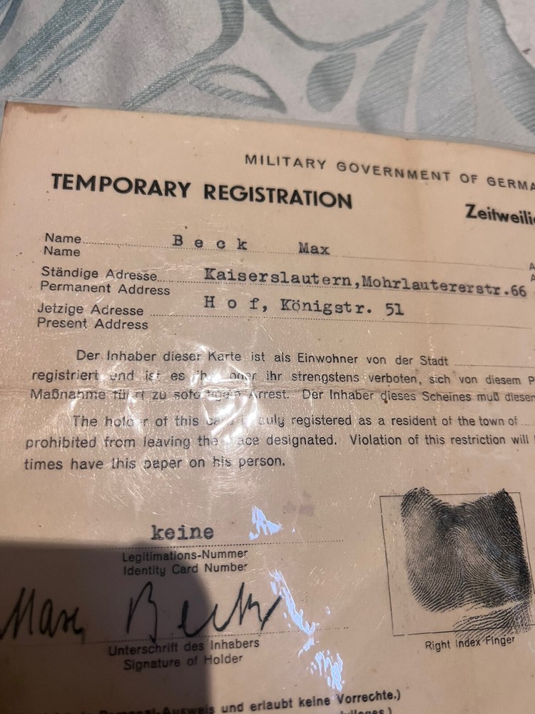 Genuine WW2 Temporary Registration Document Germany 1945
