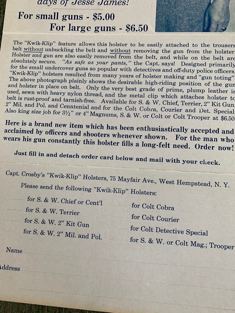 Vintage Capt Crosley’s Kwik-Klip Holsters Info Insert & Wrapper