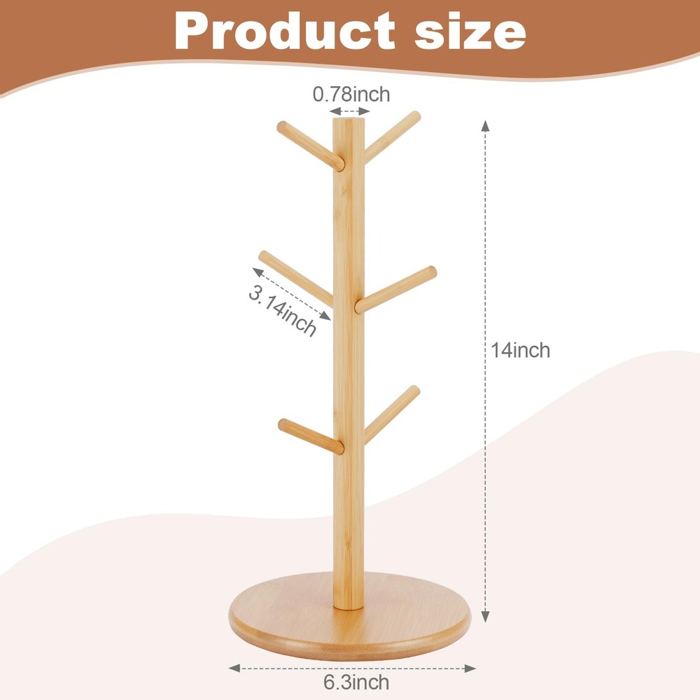 Bamboo Mug Holder, 6 Hooks Coffee Mug Holders Tree, Decorative Mug Racks for Cou