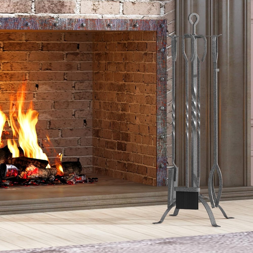 5-Piece Fireplace Accessory Kit in Pewter with Heavy-Duty Firepit Tools
