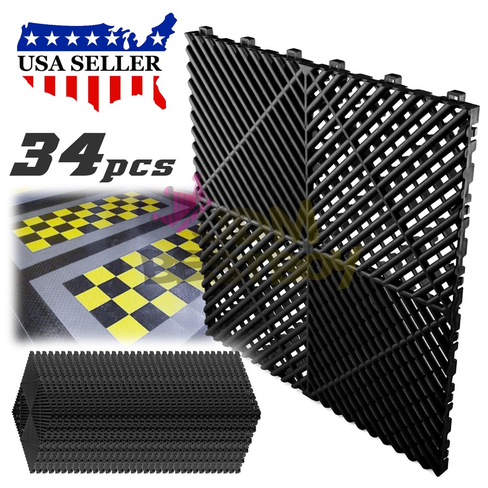 34pcs 16"x16" Black Garage Floor Mat Perforated Flooring Tile Shop Interlocking