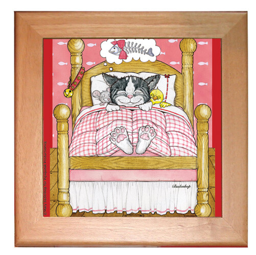 Cat Kitchen Ceramic Trivet Framed in Pine 8" x 8"