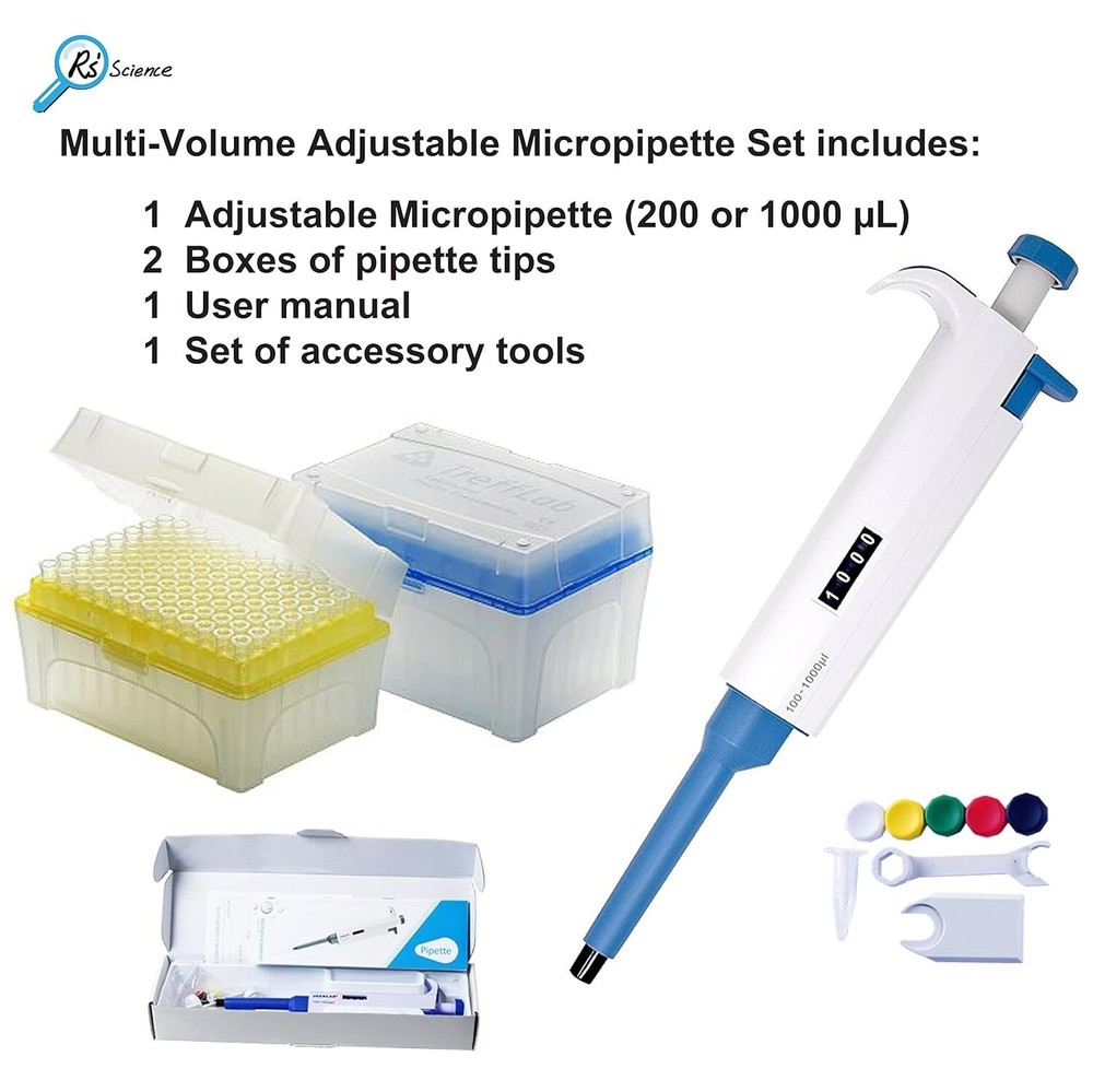 Adjustable Variable Single Channel Micropipette 20-200ul kit, 2 racks of 96 tips