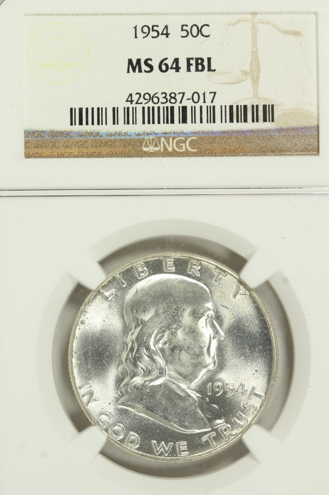 1954 Franklin Half Dollar : NGC MS64FBL Blazing White