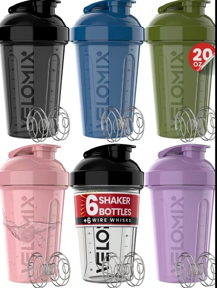 20 oz Protein Shaker Bottles 6 Pack with Wire Whisks Leakproof Stackable Mix Cup
