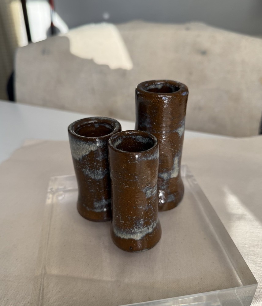 Art Studio Pottery 3 Candlesticks Brown Blue Tea Dust Stoneware Michael Smith