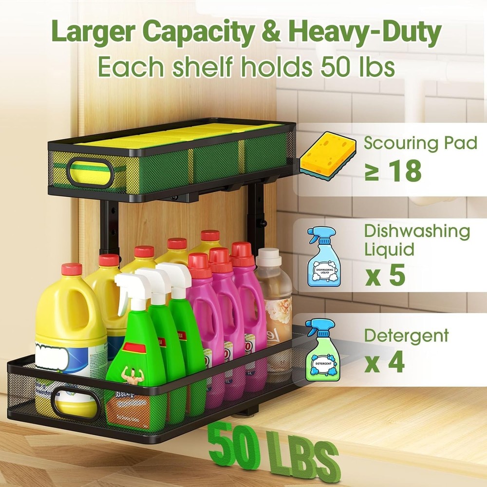 Rust-Resistant Under Sink Storage Racks: Metal 2-Tier Pull-Out Shelves - 2-Pack