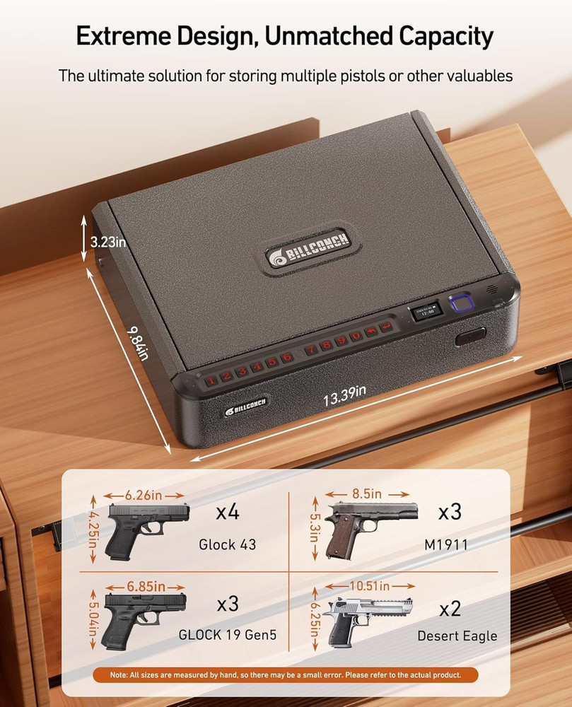 Biometric Gun Safe w/ Security Cable, Quick Access Fingerprint Keypad