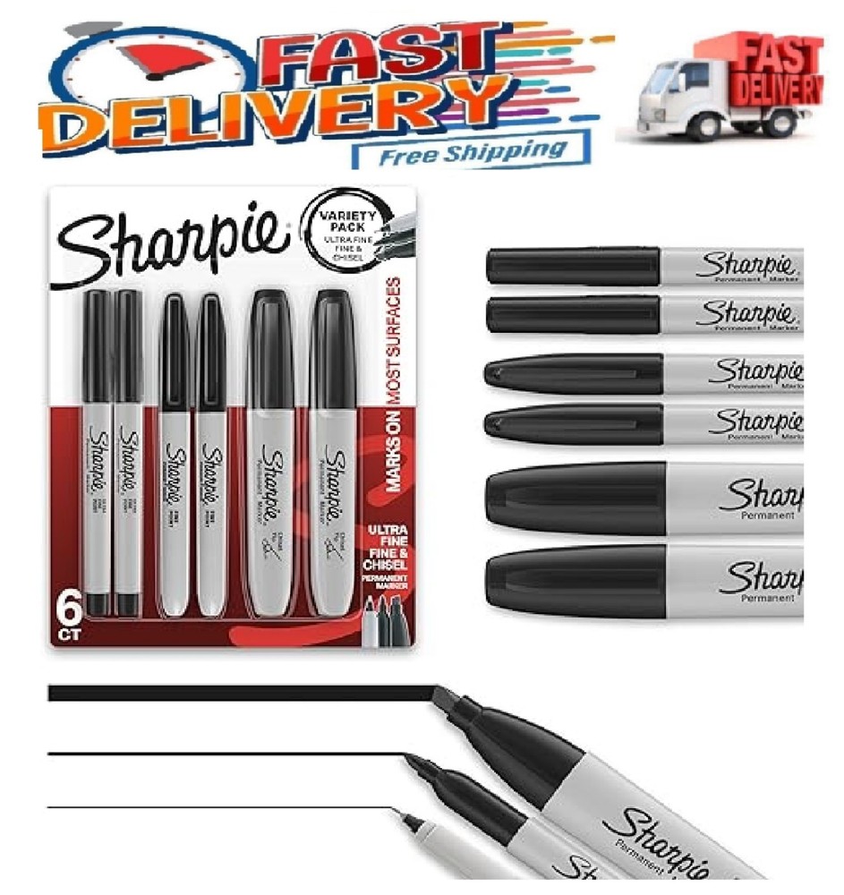 Sharpie Permanent Markers, Multi-Tip, Fine/Ultra Fine/Chisel Tip, Black, 6 Count
