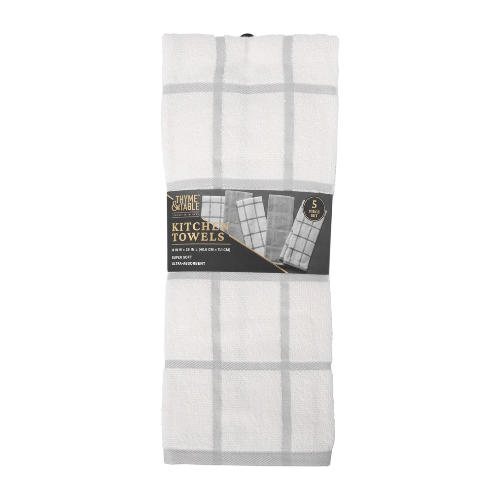 Kitchen Towels, Gray & White Windowpane, 5 Pack Set