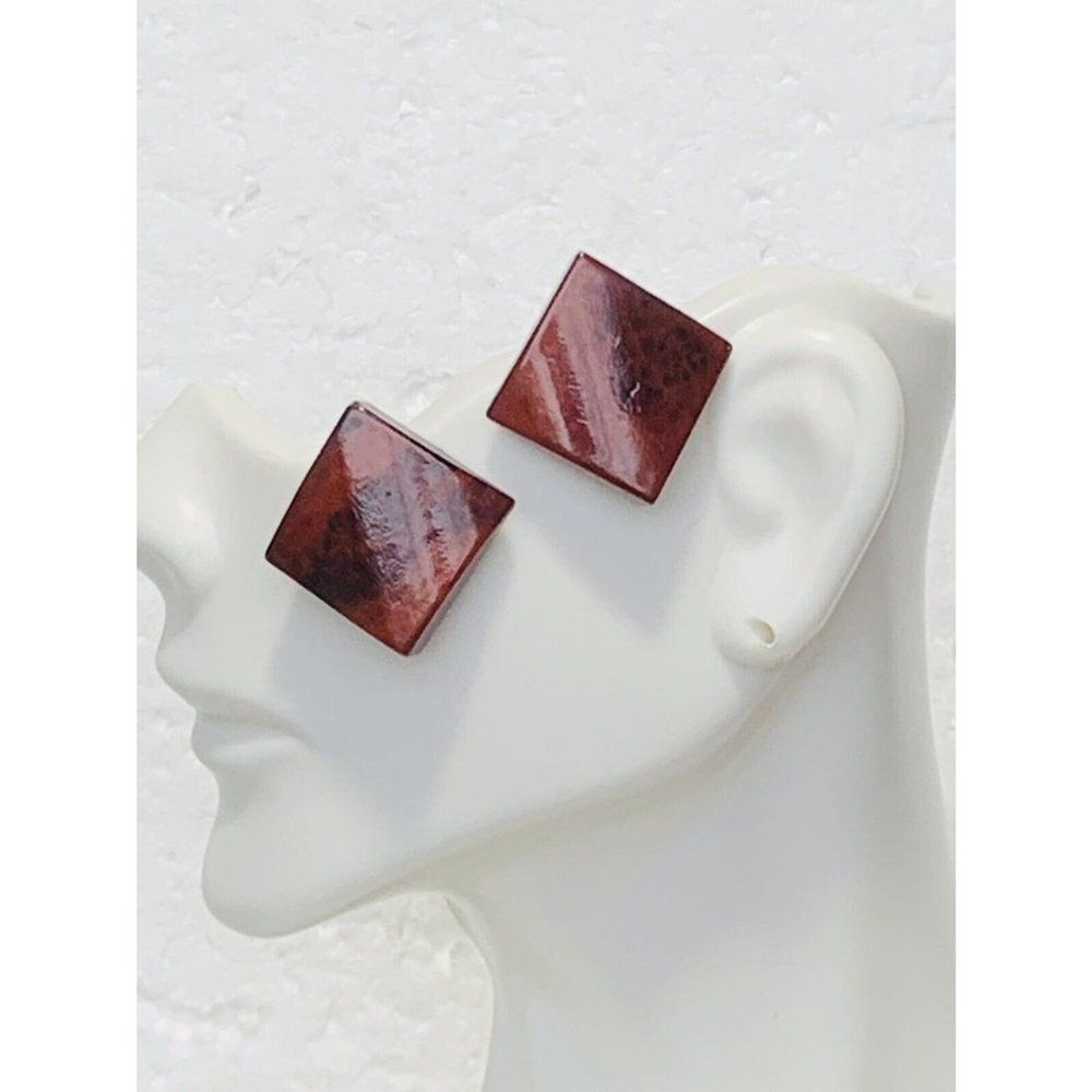 Square Reddish Brown Composition Gold Tone Clip On Button Earrings