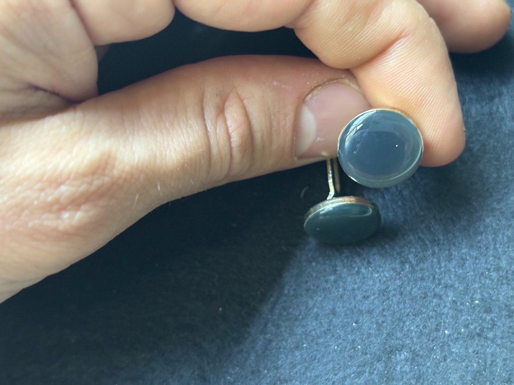 Vintage cufflinks - blue round gem solid metal casing