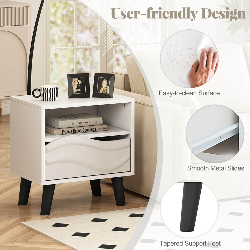 2PCS Nightstand w/Drawer 3D Wavy Pattern Open Shelf Small Sofa Couch Side Table