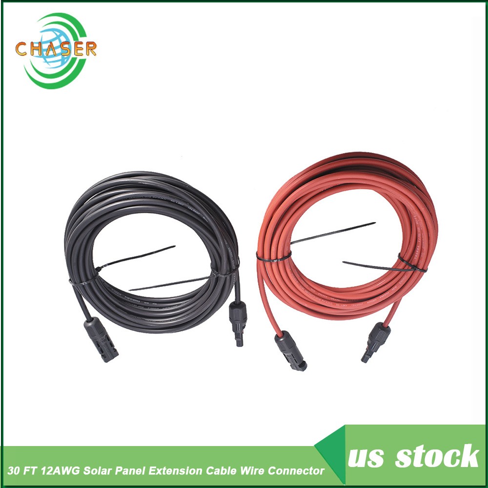 Solar Panel Extension Cable Wire Connector 30 FT Black + Red 12AWG 1 Pair