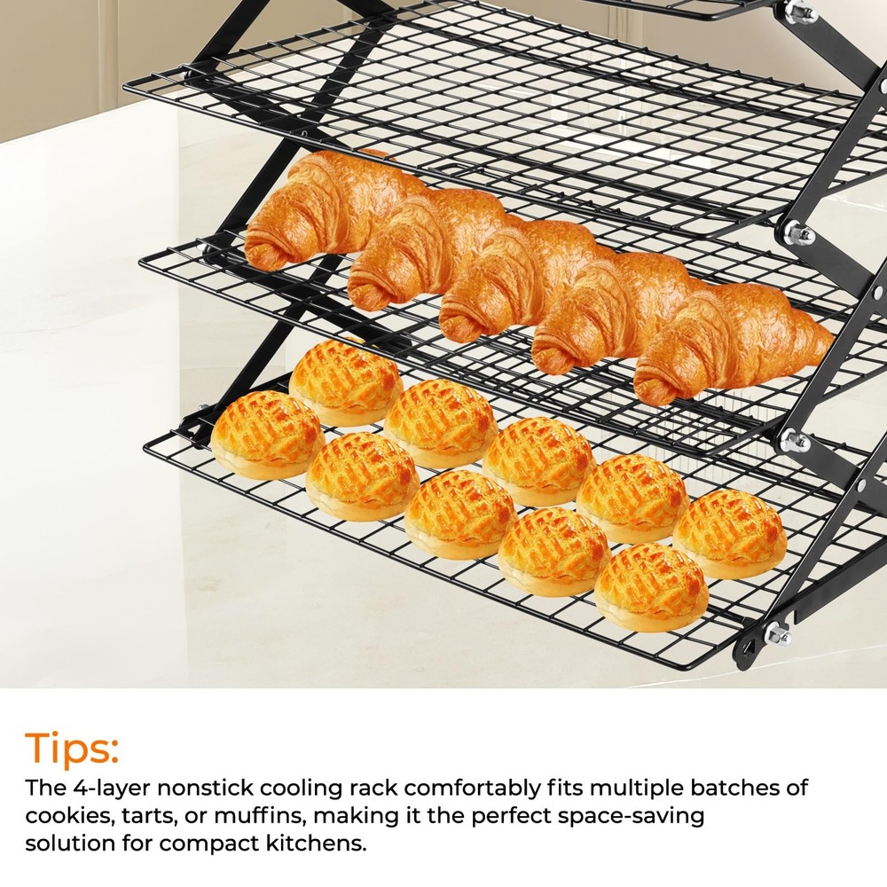 4-Tier Collapsible Cooling Rack with Adjustable 3 Setting, Wire Cooling Roast...