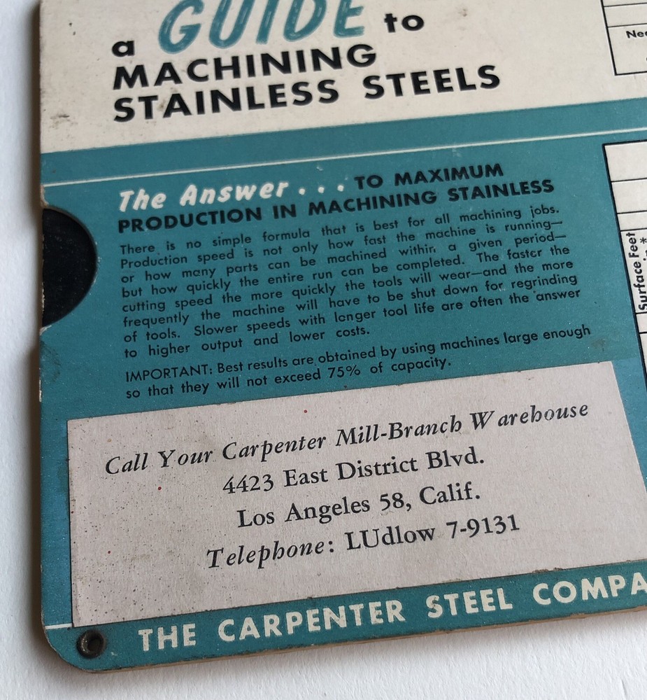 Vintage CARPENTER STAINLESS STEELS Relative Workability Guide Slide Rule 1960