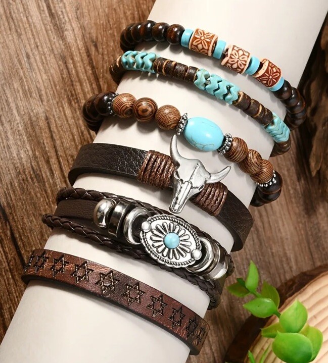 6 PC Leather Punk Bracelet Stackable Adjustable Tie New Free Ship B2796