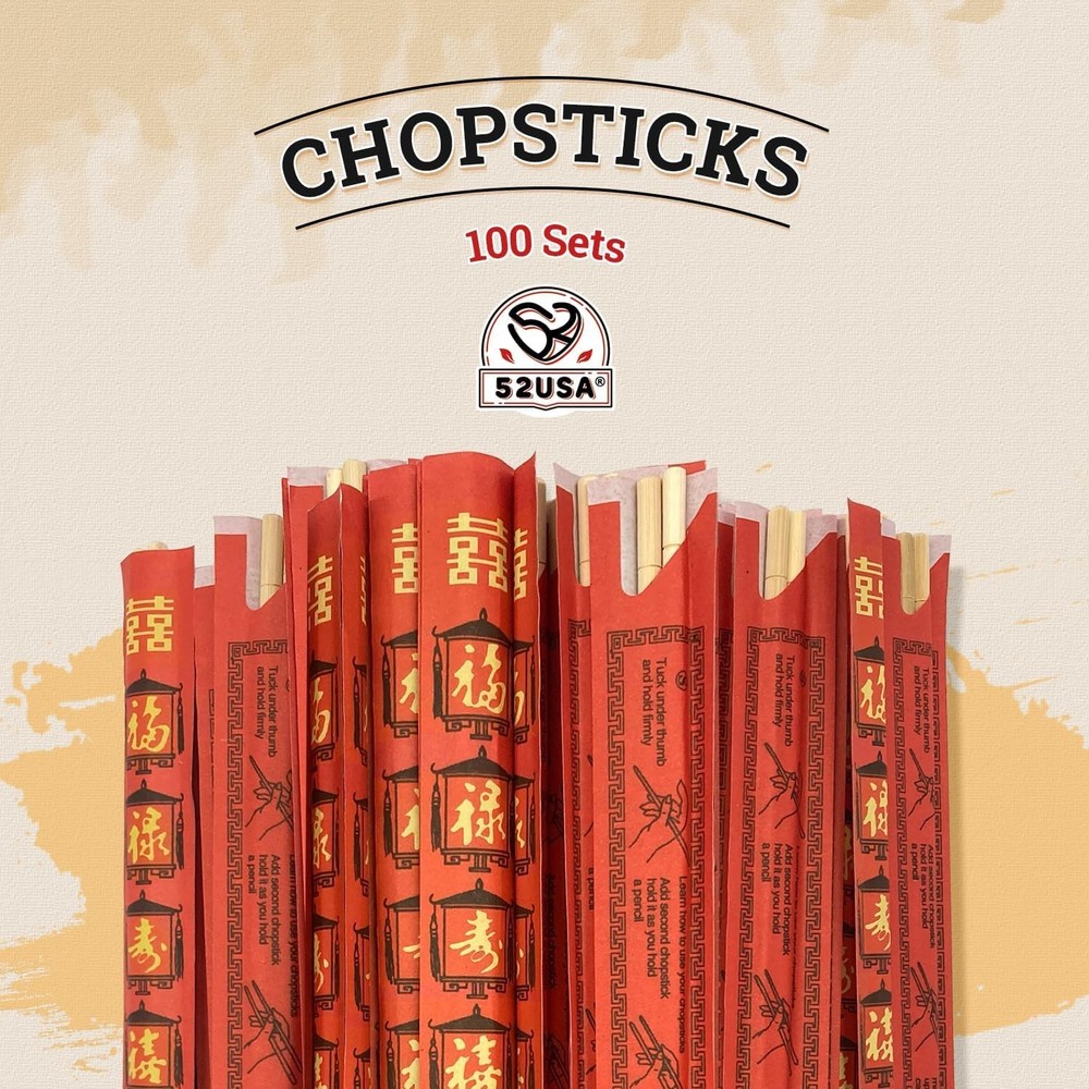 Disposable Bamboo Chopsticks (100 Sets) - 9'' Long, UV Treated, Individually ...