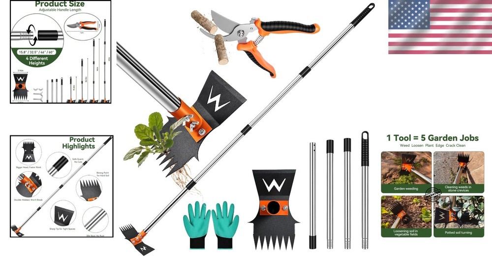 3-in-1 Garden Hoe & Weed Puller with 60" Telescoping Handle + Shears