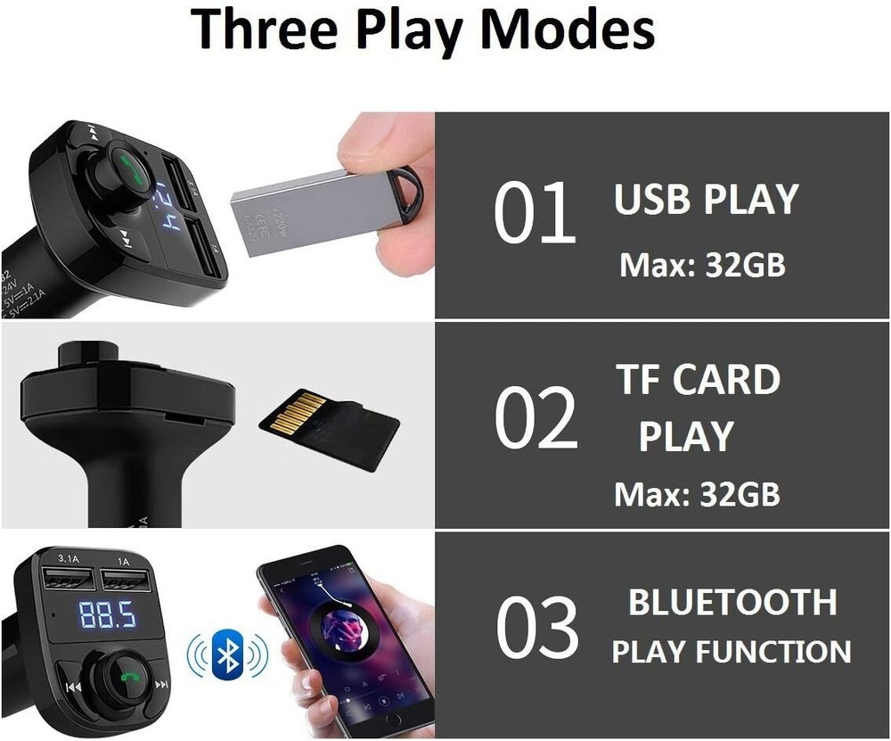 Wireless Bluetooth FM Transmitter Car Charger, Dual USB, Handsfree Call Adapter